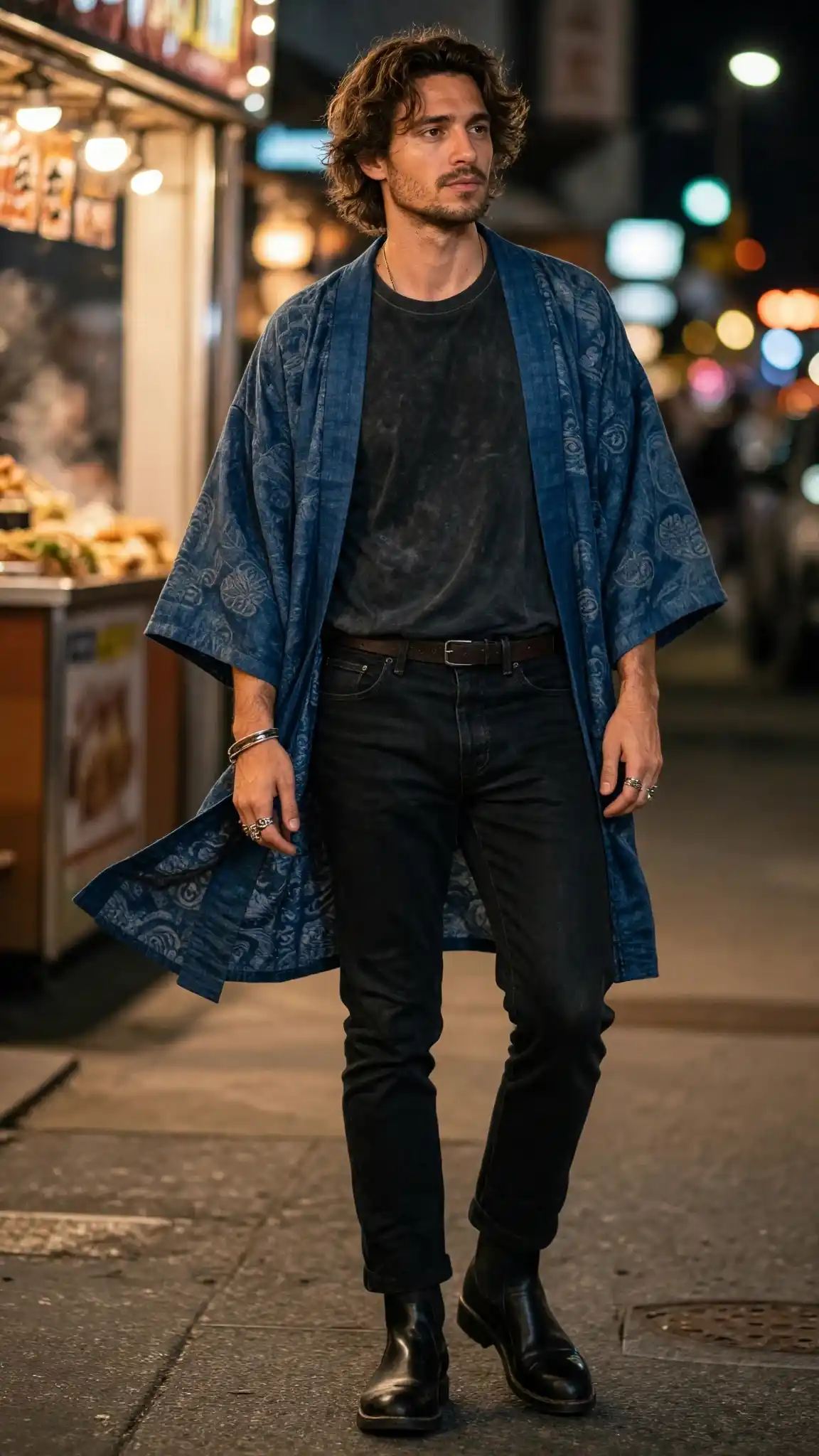 16 Boho Outfit Ideas for Men to Wear Casually 15 7. Vintage Graphic Tee + Kimono Jacket + Black Jeans
