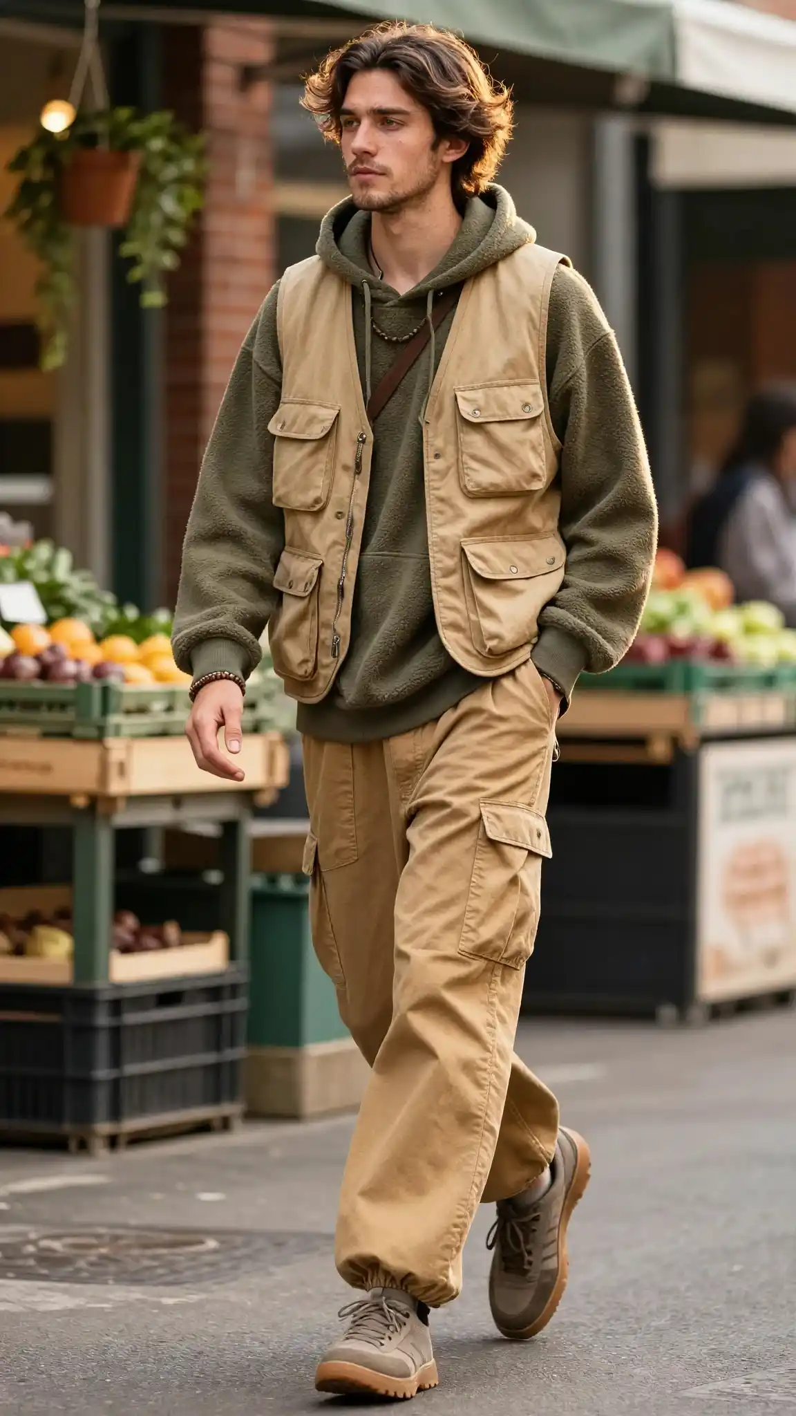 16 Boho Outfit Ideas for Men to Wear Casually 16 8. Earth-Tone Hoodie + Utility Vest + Relaxed Cargo Pants