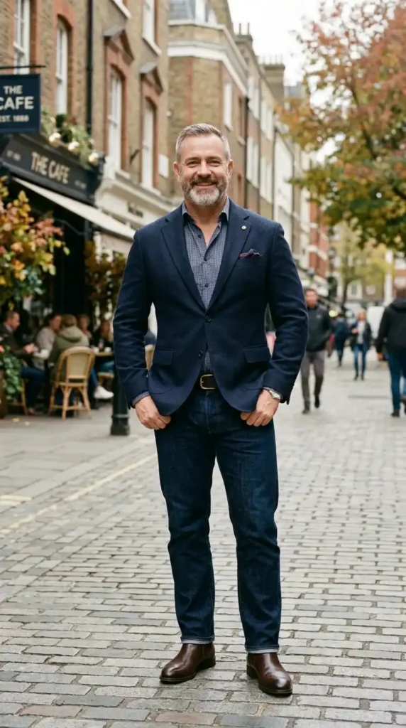 Structured Blazer with Dark Jeans for Curvy Men Over 40