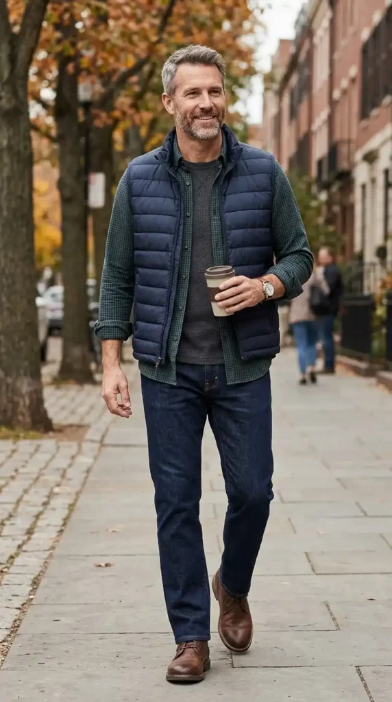Layered Vest Over Long Sleeve Shirt