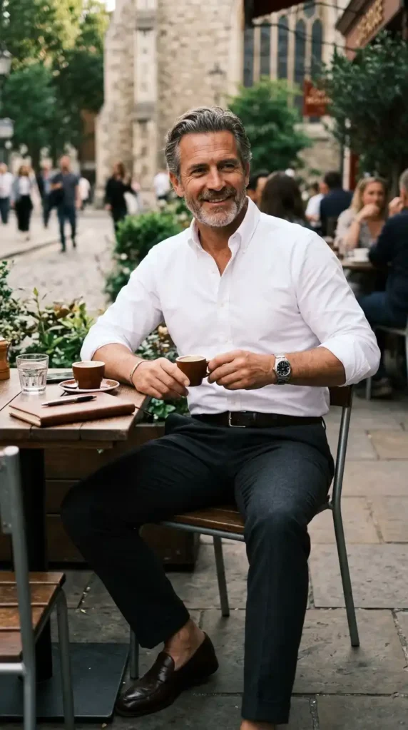  Classic White Shirt with Dark Trousers
