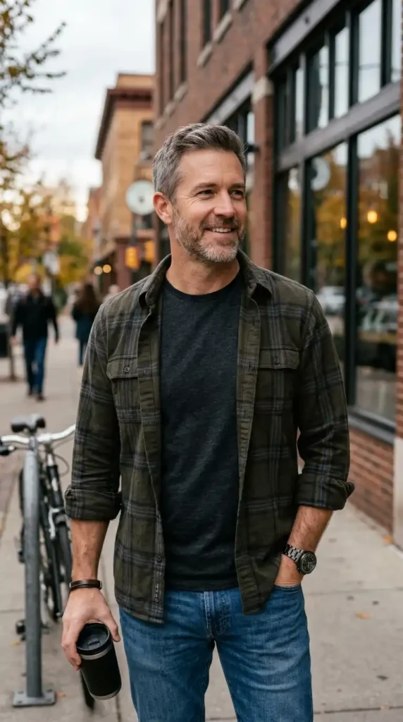 Dark T-Shirt with Open Button-Down Shirt Layer