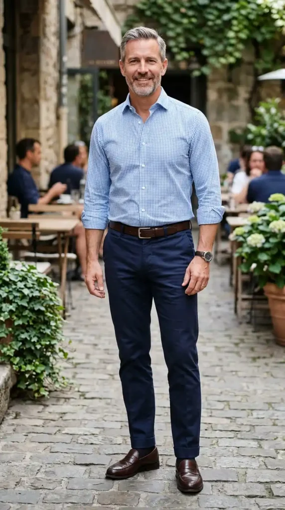 Button-Down Shirt Tucked with Belted Trousers