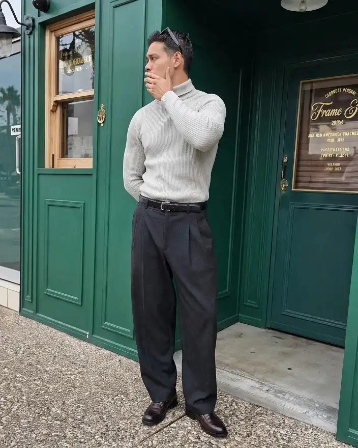 The Ribbed Turtleneck and Pleated Trousers