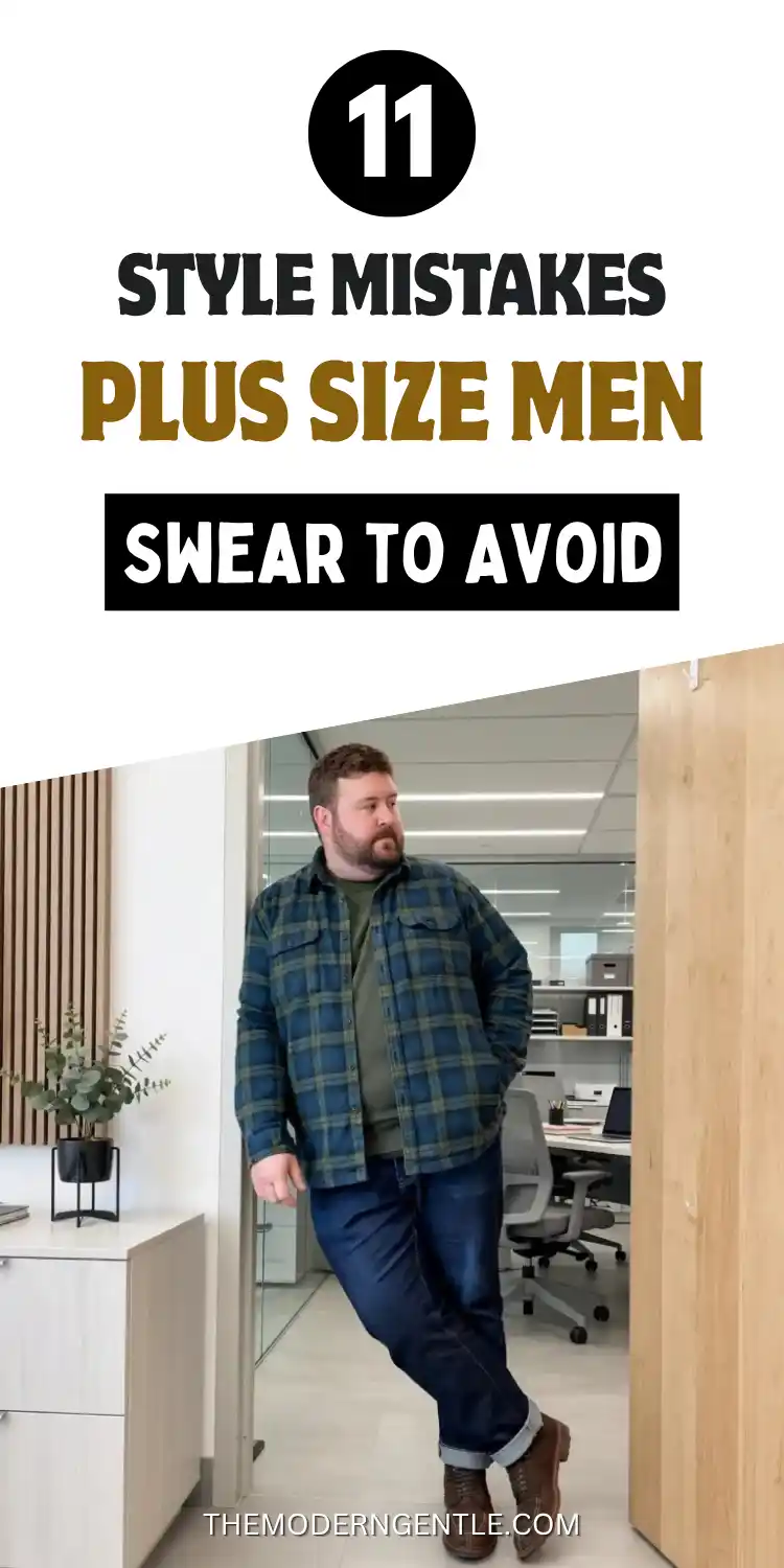 A tall pin shows bold black and gold lettering spelling out 11 Style Mistakes Plus Size Men Swear to Avoid above a photo of a man leaning in an office doorway. He wears a blue and olive plaid overshirt, an olive tee, and cuffed dark jeans with brown lace up boots, standing near wood paneling and a small potted plant, a fit guide moment for big and tall style and everyday men's fashion tips.