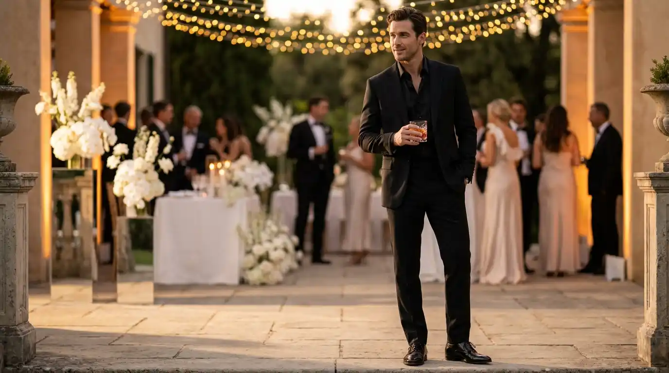 All-Black Men’s Wedding Guest Outfit