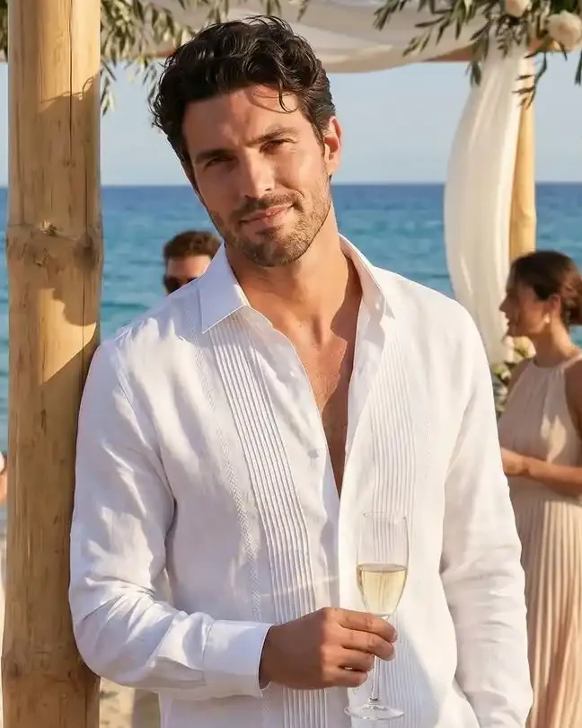 3. White Pintuck Linen Shirt with Beige Pants