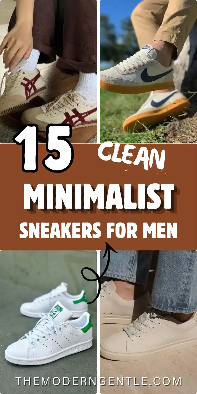 Four photo collage of minimalist sneakers for men in a warm neutral color story. Beige Onitsuka Tiger Mexico 66 with burgundy stripes and white crew socks under brown corduroy. Sail Nike Killshot 2 with navy swoosh and gum sole worn with tan chinos on grass. White and green adidas Stan Smith on concrete. Cream suede low tops with cropped light wash jeans. Rust brown text band reads 15 Clean Minimalist Sneakers for Men.