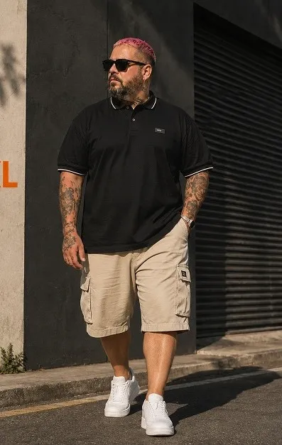 Black Polo and Beige Cargo Shorts